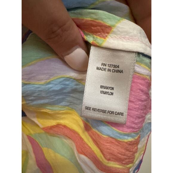 John Mark Abstract Wave Smocked Round Neck 3/4 Bell Sleeve Ruffled Tunic Sz 2X - Picture 5 of 6